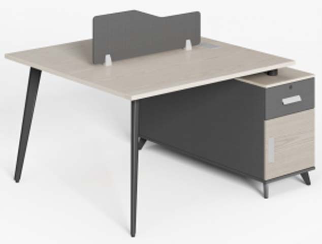 Two-Person Side-by-Side Office Workstation Desk with Central Privacy Divider and Attached Storage Pedestal