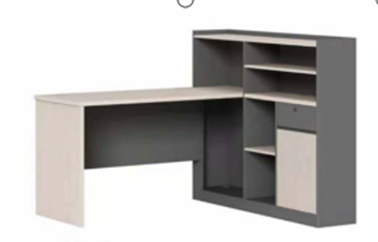 Two-Tone L-Shaped Office Desk with Attached Storage Hutch
