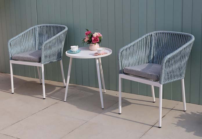 3-Piece Light Blue Woven Rope Outdoor Bistro Set with Grey Cushions and White Round Side Table