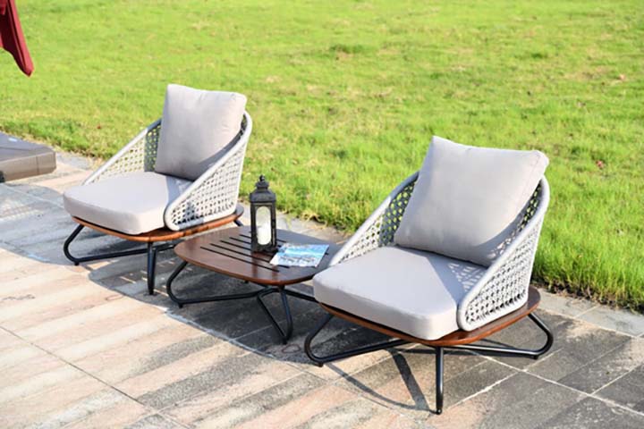 3-Piece Outdoor Patio Conversation Set with Gray Cushions, Woven Rope Chairs and Wood-Slat Coffee Table