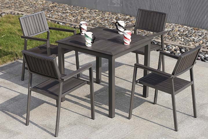 4-Piece Dark Gray Slatted Outdoor Patio Dining Set with Square Table and Armchairs