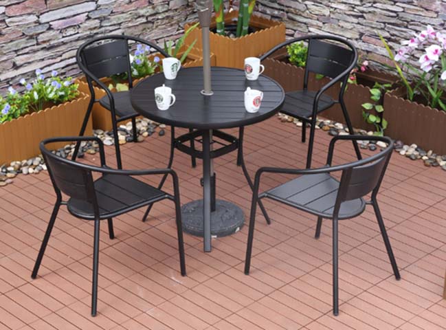 5-Piece Black Metal Slatted Outdoor Patio Bistro Dining Set with Umbrella Hole