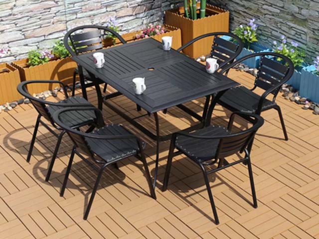 7-Piece Black Slatted Metal Rectangular Outdoor Dining Set with Umbrella Hole