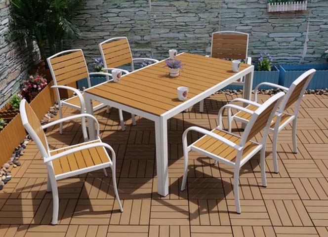 7-Piece 6-Seater Rectangular Outdoor Patio Dining Set with Faux Wood Slats and White Metal Frame