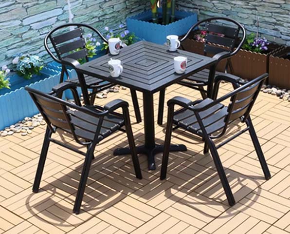 5-Piece Black Weatherproof Outdoor Patio Bistro Dining Set, Square Slatted Pedestal Table with 4 Stackable Slatted Armchairs