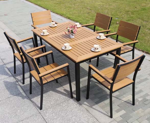 7-Piece Slatted Outdoor Patio Dining Set with 6 Armchairs