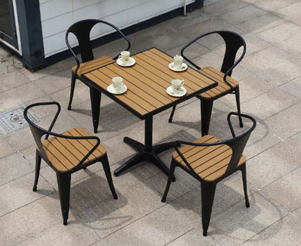 5-Piece Outdoor Patio Dining Set with Square Faux Wood Slat Table and 4 Metal Armchairs