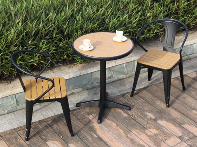 2-Person Round Weather-Resistant Outdoor Bistro Table, Black Metal Frame with Faux Wood Top