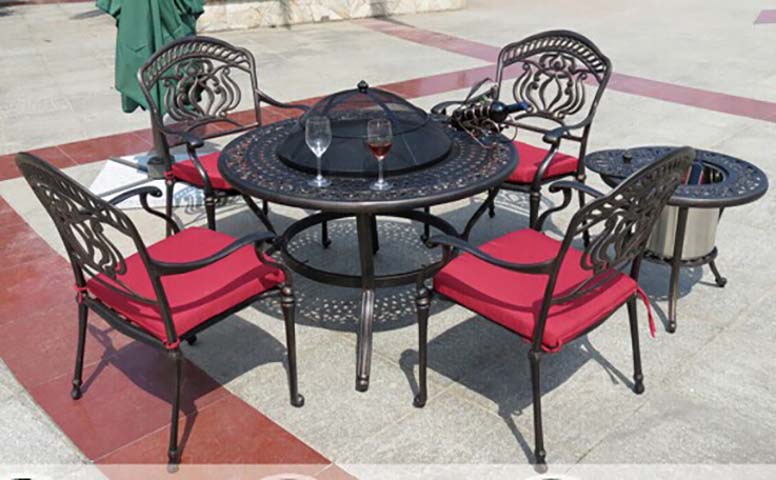 6-Piece Antique Bronze Cast Aluminum Round Patio Fire Pit Dining Set with Red Cushions and Side Table