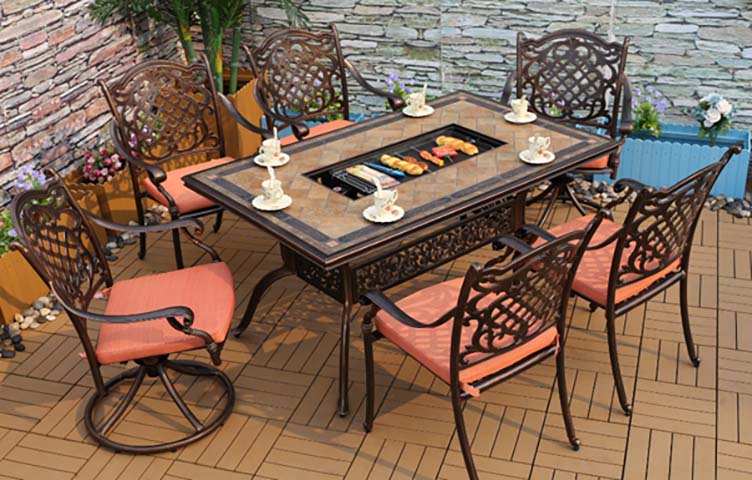 6-Seater Rectangular Cast Aluminum Tile-Top Outdoor Fire Pit Dining Table with Integrated Central Charcoal Grill