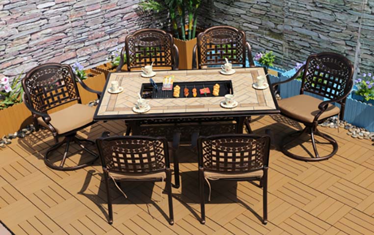 6-Seat Cast Aluminum Outdoor Rectangular Barbecue Dining Set with Central Integrated Grill