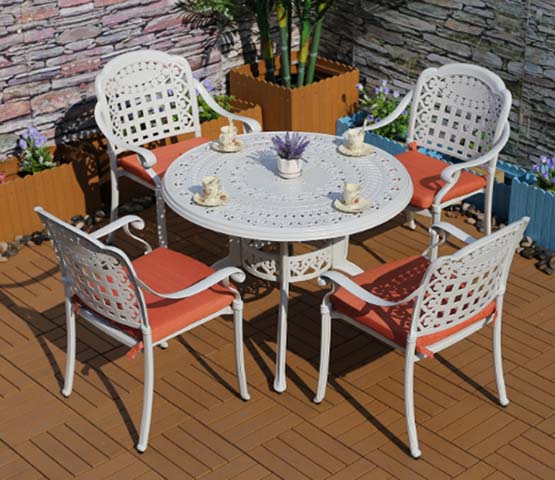 5-Piece White Cast Aluminum Round Patio Dining Set with Orange Cushions