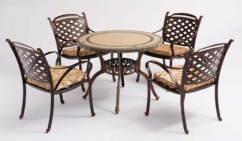 5-Piece Cast Aluminum Round Tile-Top Outdoor Patio Dining Set with Cushioned Lattice-Back Armchairs