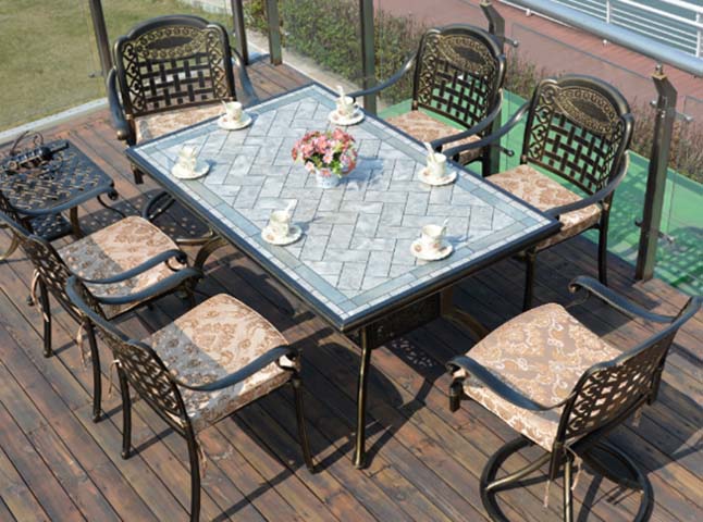 7-Piece Cast Metal Outdoor Patio Dining Set with Herringbone Tile Tabletop, 6 Cushioned Swivel Armchairs and Matching Side Table