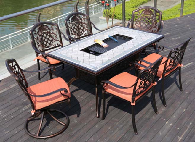 6-Seat Rectangular Cast Aluminum Herringbone Tile Top Outdoor Fire Pit Dining Table