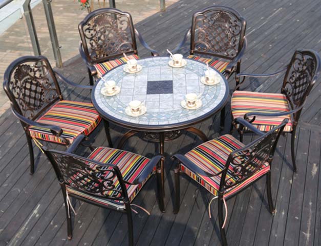 7-Piece Dark Bronze Cast Aluminum Round Tile-Top Outdoor Patio Dining Set with Striped Cushions