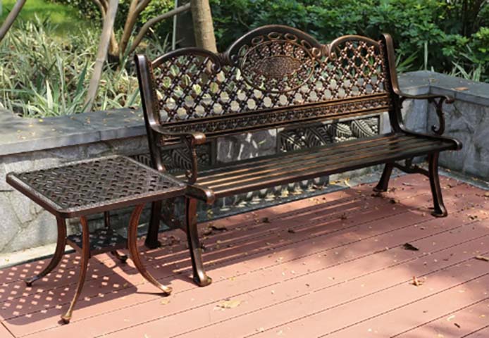 3-Seat Antique Bronze Cast Aluminum Outdoor Garden Bench with Matching Side Table