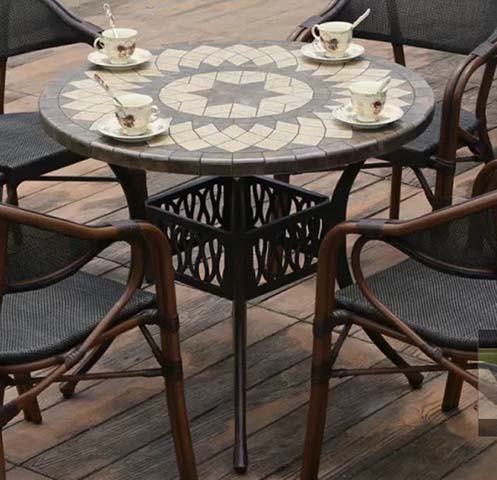 4-Seat Round Radial Mosaic Tile Top Outdoor Patio Dining Table with Lattice Lower Shelf