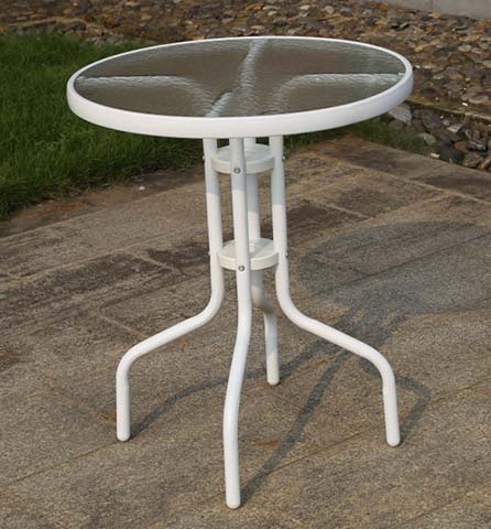 Round Clear Glass Top Outdoor Patio Side Table with White Powder-Coated Metal Frame