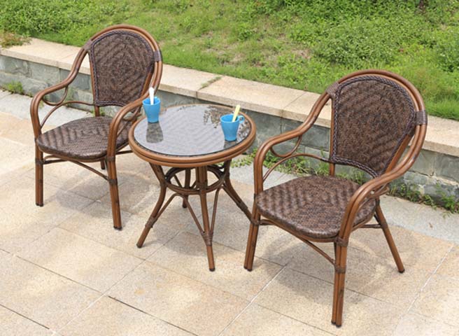 3-Piece Brown PE Rattan Outdoor Bistro Set with Glass Top Table