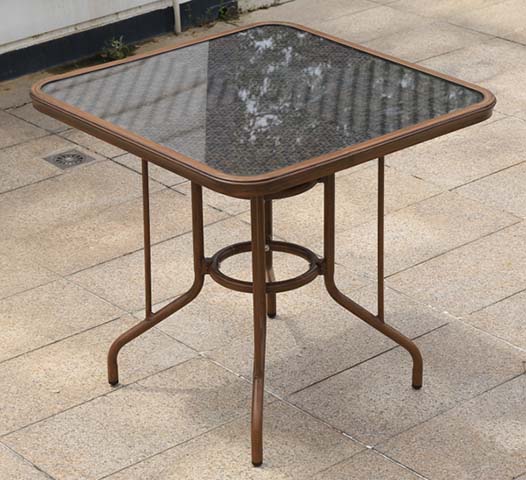 Outdoor Rounded Square Smoked Glass Top Brown Metal Patio Dining Table with Footrest Ring