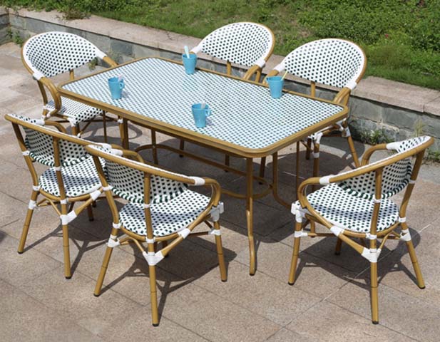 6-Person Rectangular Faux Bamboo Perforated Woven Outdoor Patio Dining Set