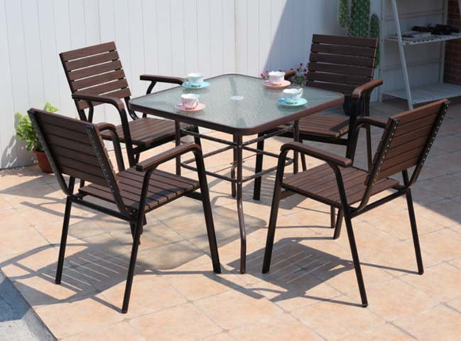 5-Piece Weather-Resistant Outdoor Patio Dining Set with Square Frosted Glass Table and 4 Slatted Armchairs