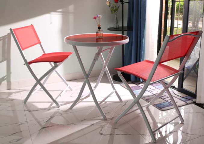 3-Piece Folding Patio Bistro Set, Red Tinted Glass Top with Red Mesh Seats