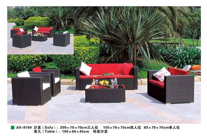 Black PE Wicker Outdoor Patio Conversation Set with Red Cushions