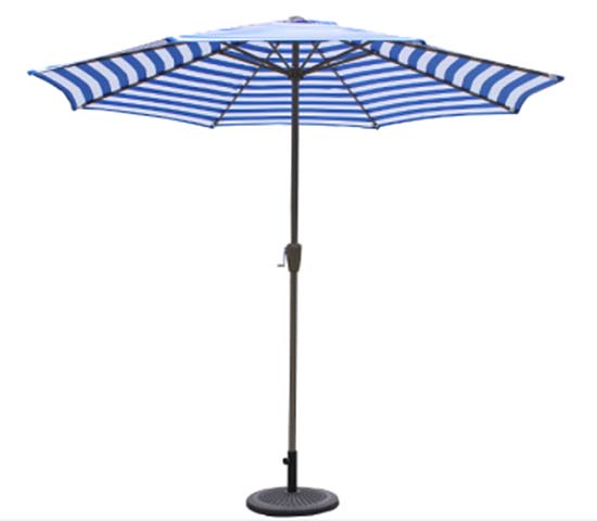 9ft Blue and White Striped Crank-Tilt Octagonal Patio Umbrella with Round Weighted Base