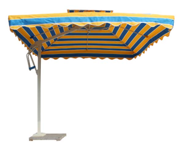 Rectangular Offset Cantilever Patio Umbrella with Scalloped Valance, Yellow-Blue Striped