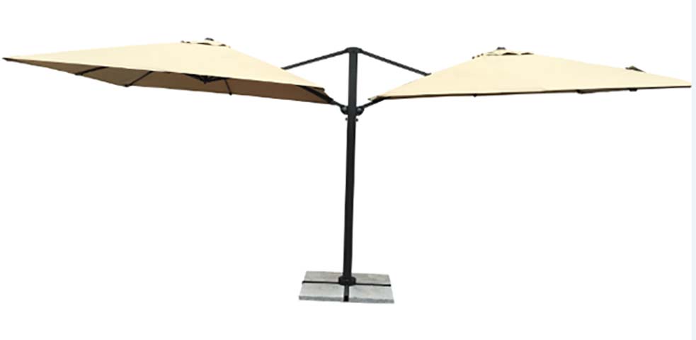 Double-Sided Cantilever Patio Umbrella with Four-Piece Weighted Base, Beige Canopy, Black Metal Frame