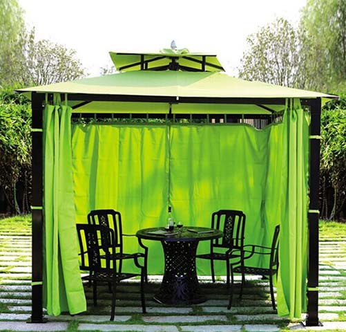 Double-Tier Soft Top Outdoor Patio Gazebo with Lime Green Privacy Curtains