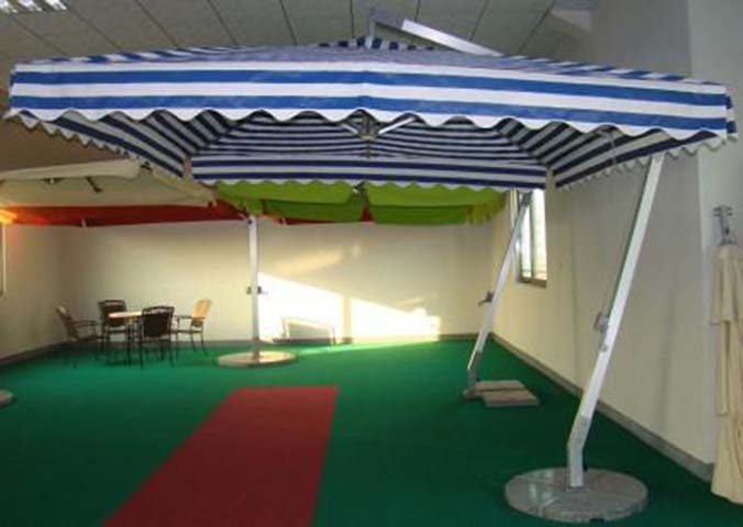 Dual-Pole Cantilever Patio Umbrella with Blue-White Striped Scalloped Canopy