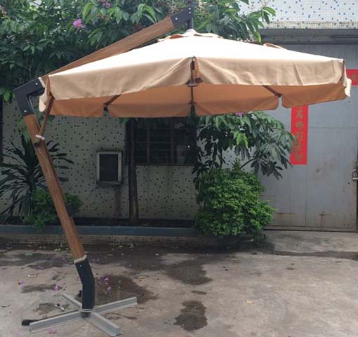 Beige Faux Wood Cantilever Patio Umbrella with Cross Base