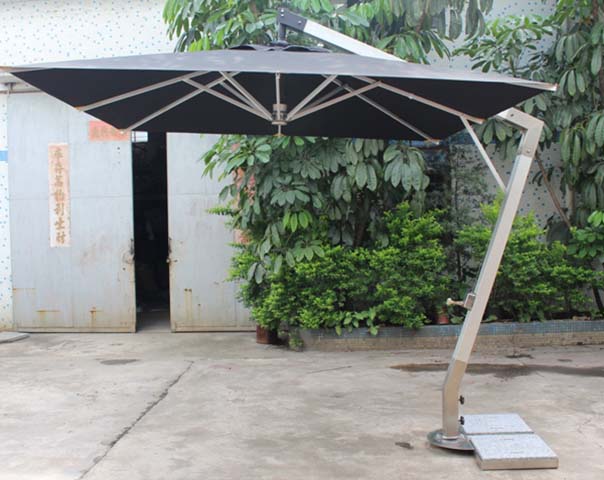 Square Black Cantilever Outdoor Patio Umbrella with Brushed Metal Offset Arm and Weighted Base