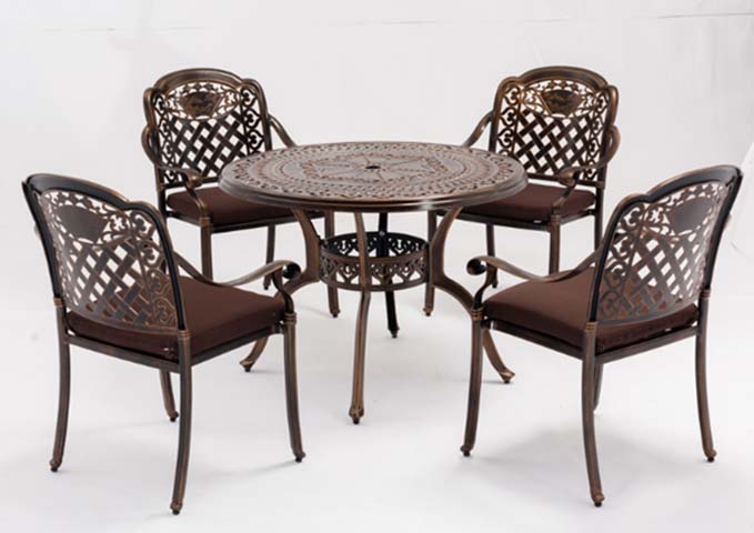 5-Piece Antique Bronze Cast Aluminum Outdoor Patio Dining Set with 48in Round Umbrella Table and 4 Lattice-Back Cushioned Armchairs