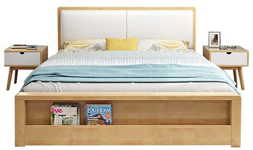 Light Wood Upholstered Platform Bed with Footboard Open Storage Shelf and Matching Splayed-Leg Nightstands (Set of 3)
