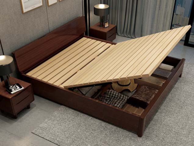 Dark Walnut Gas Lift-Up Storage Platform Bed with Angled Solid Headboard