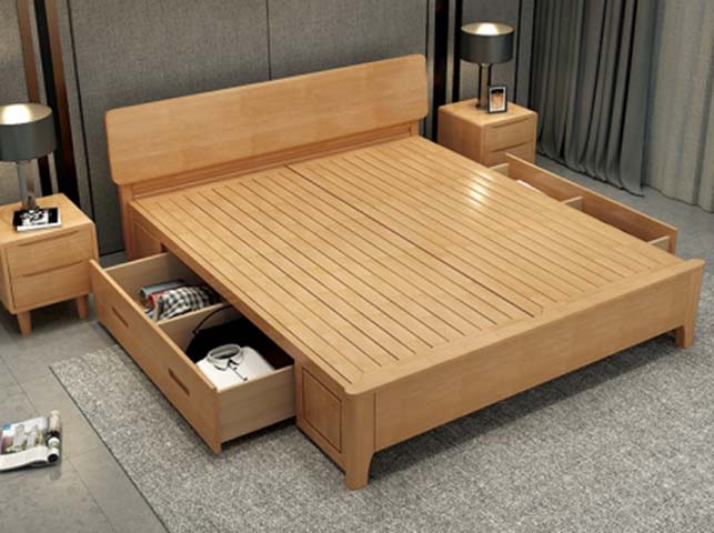 Light Natural Solid Wood Slatted Storage Platform Bed with 4 Under-Bed Drawers