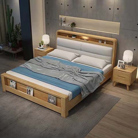 Light Oak Storage Platform Bed with Upholstered Headboard, LED Lighting and Open Footboard Cubbies