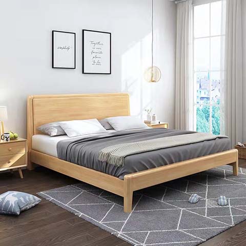 Scandinavian Light Oak Solid Wood Queen Platform Bed with Panel Headboard