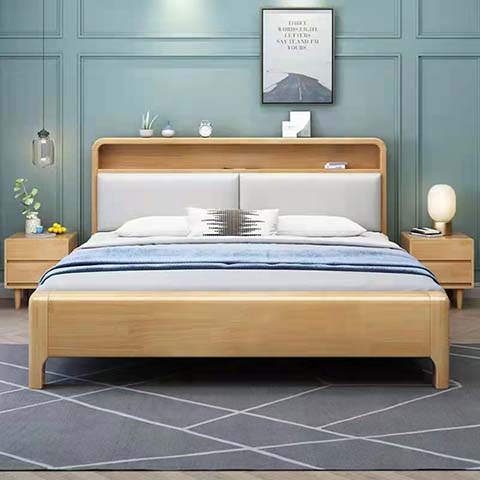Light Oak Solid Wood Platform Bed Frame with Upholstered Storage Headboard