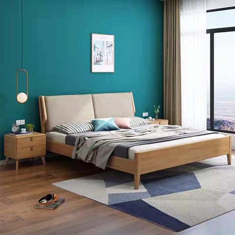 Queen Size Light Wood Platform Bed with Split Beige Upholstered Headboard