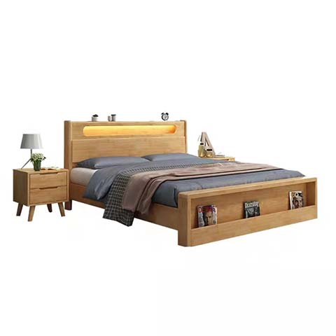Light Oak Wooden Platform Storage Bed with LED Headboard and Footboard Book Slots