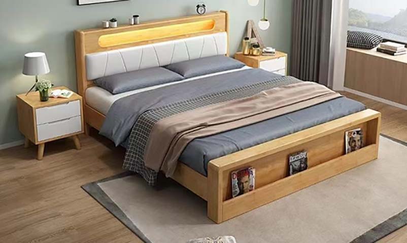Light Wood Upholstered Platform Bed with Integrated LED Headboard and Footboard Book Storage