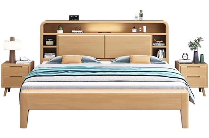 Light Oak Wooden Storage Platform Bed with Integrated Bookshelf Headboard and LED Light