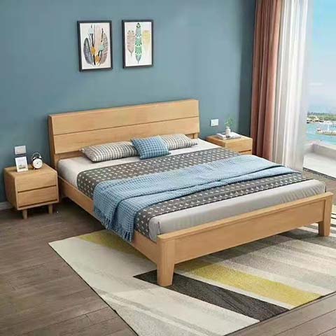 Minimalist Light Oak Solid Wood Platform Bed Frame with Matching Nightstands