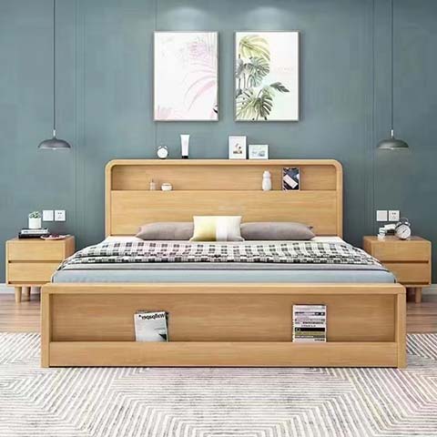 Light Oak Platform Storage Bed with Open Shelf Headboard and Footboard Book Slots