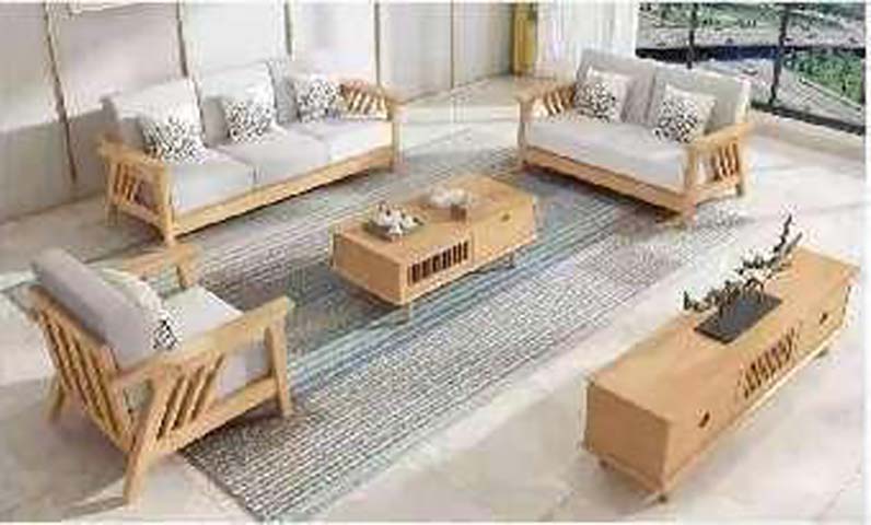 Light Natural Wood Slatted Frame Living Room Sofa Set with Matching Coffee Table and Media Console